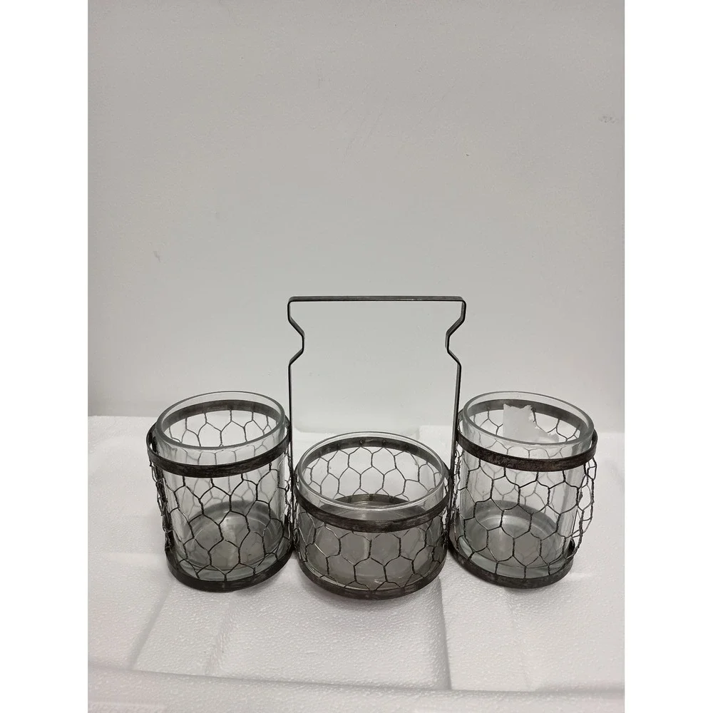Vintage Rustic Metal Glass Caddy Server Organizer Handle Brown Farmhouse Decor